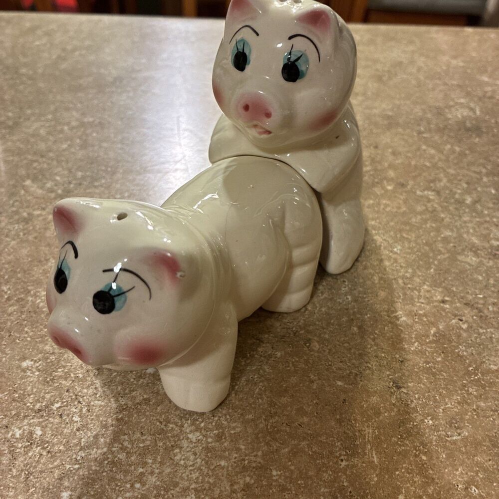 Naughty Pig Salt & Pepper Shaker Set, 2pc Ceramic White Pink Novelty Theme Vtg